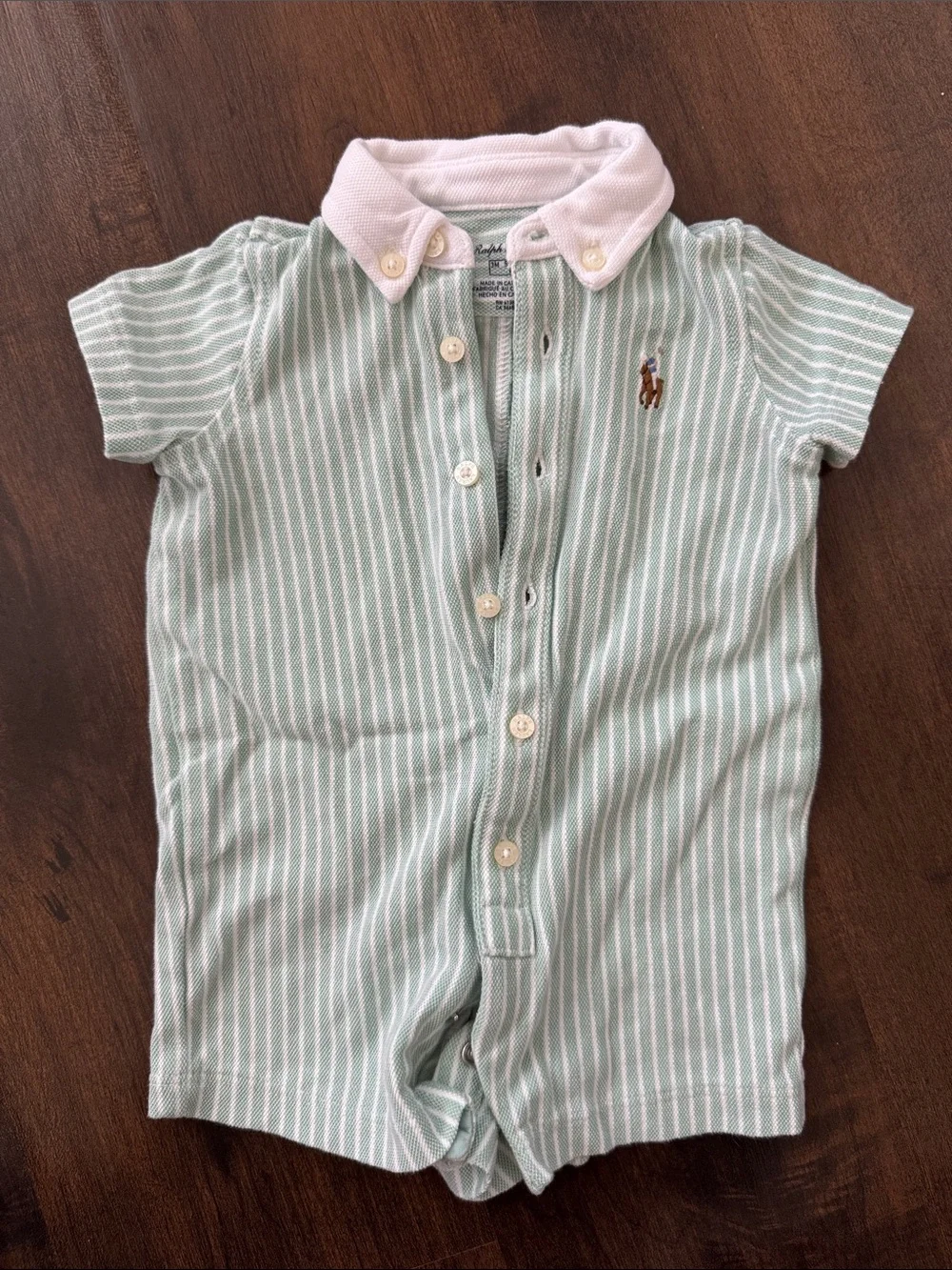 Ralph Lauren Mint Green & White Striped Button-Front Baby Romper